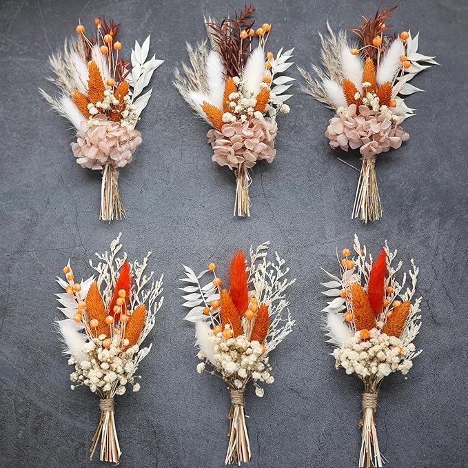 xin's convey Mini Dried Flower Bouquet Set of 6, Groom's and Best Man's Boutonnieres, Dried Flower Gift Box, Boho Wedding Plate Decoration, Birthday Cake Arrangement (Terracotta)