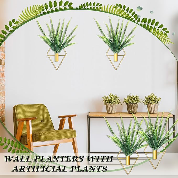 2 Pieces Gold Wall Decor Hanging Planters with Artificial Plants Metal Vase Indoor Plants Holder Modern Geometric Wall Art for Home Bathroom Bedroom Living Room Office(Boston Fern,Large)
