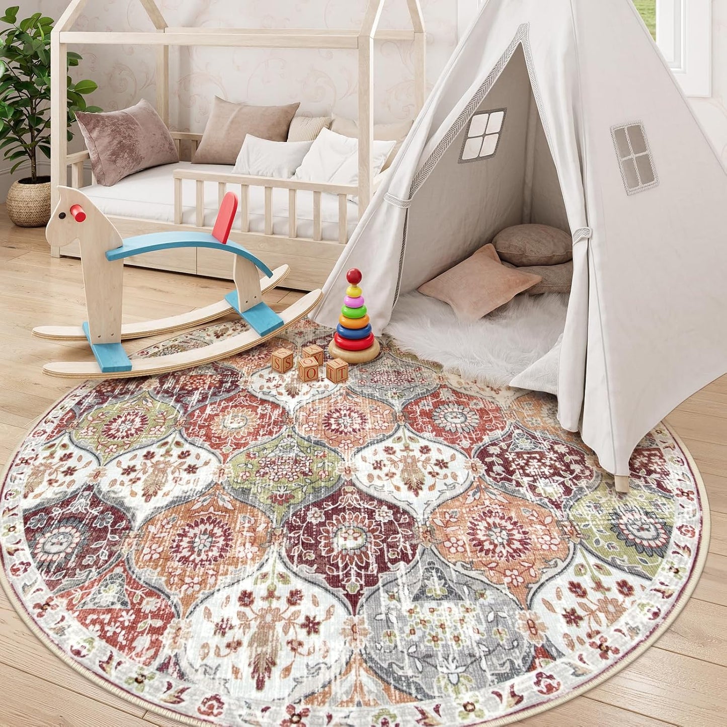 Lahome Moroccan Trellis Washable Round Area Rug, Round Rug 5ft Soft Non-Slip, Non-Shedding Distressed Circle Carpet for Bedroom Living Room Bathroom Nursery Kitchen, Orange/Terracotta