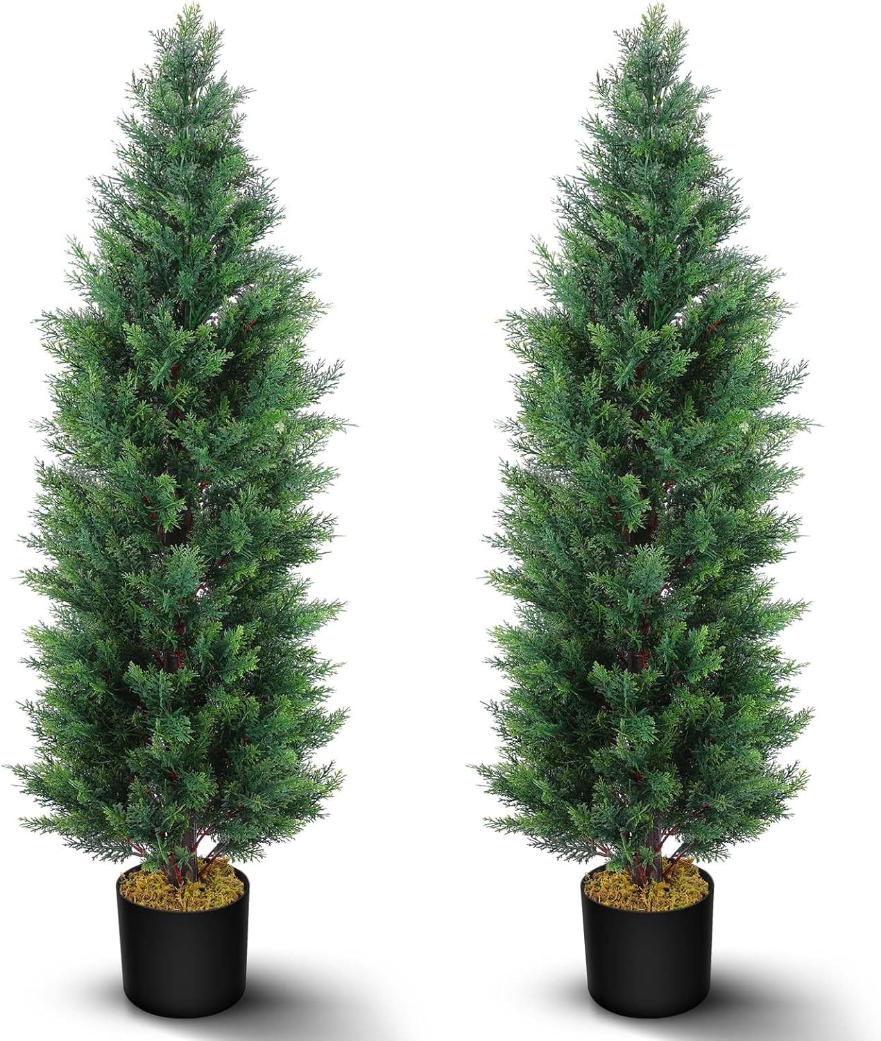 Hananona 2 Pcs 4 Ft Artificial Topiary Cedar Trees, Outdoor Faux Pine Shrubs, Realistic Fake Greenery Plants UV Resistant Cypress Trees for Christmas Porch Front Door Decor (2, Green, 4 Ft)