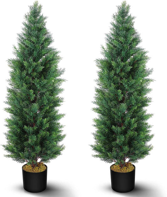 Hananona 2 Pcs 4 Ft Artificial Topiary Cedar Trees, Outdoor Faux Pine Shrubs, Realistic Fake Greenery Plants UV Resistant Cypress Trees for Christmas Porch Front Door Decor (2, Green, 4 Ft)