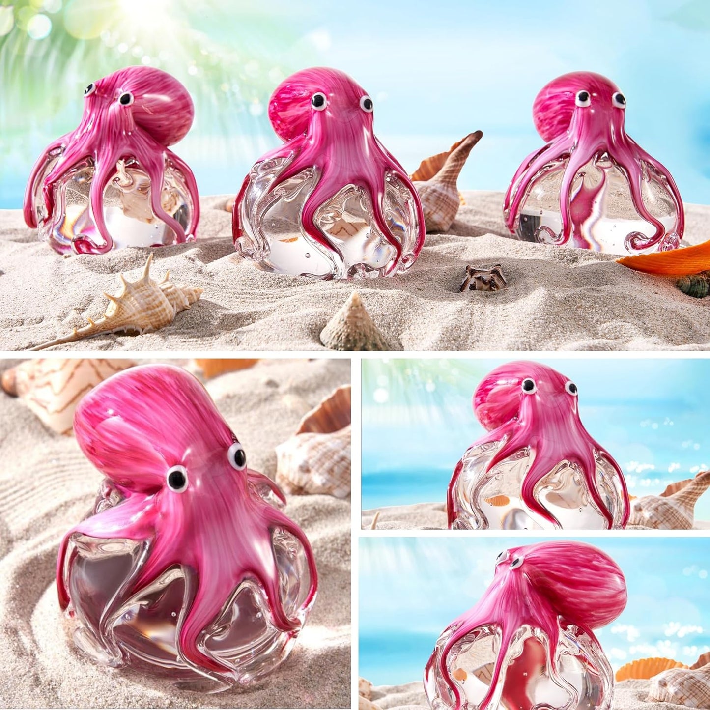 EUSTUMA Hand Blown Glass Octopus Figurine Ornament,Sea Animal Ornament for Fish Tank Aquarium,Sea Animals Collection for Birthday Gift,Glass Office Paperweight for Desk.