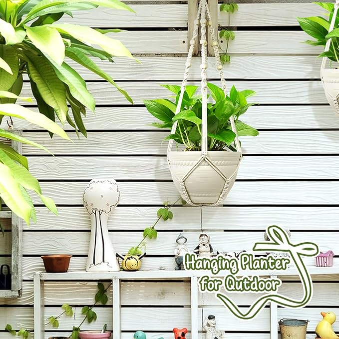 FGSAEOR Macrame Plant Holder Basket, Hanging 3-15 inch Pot, Bearing 20lb Planters, 35 Inches Extra Long Strong Boho Home Indoor Outdoor Décor (2-Pack) (Ivory)