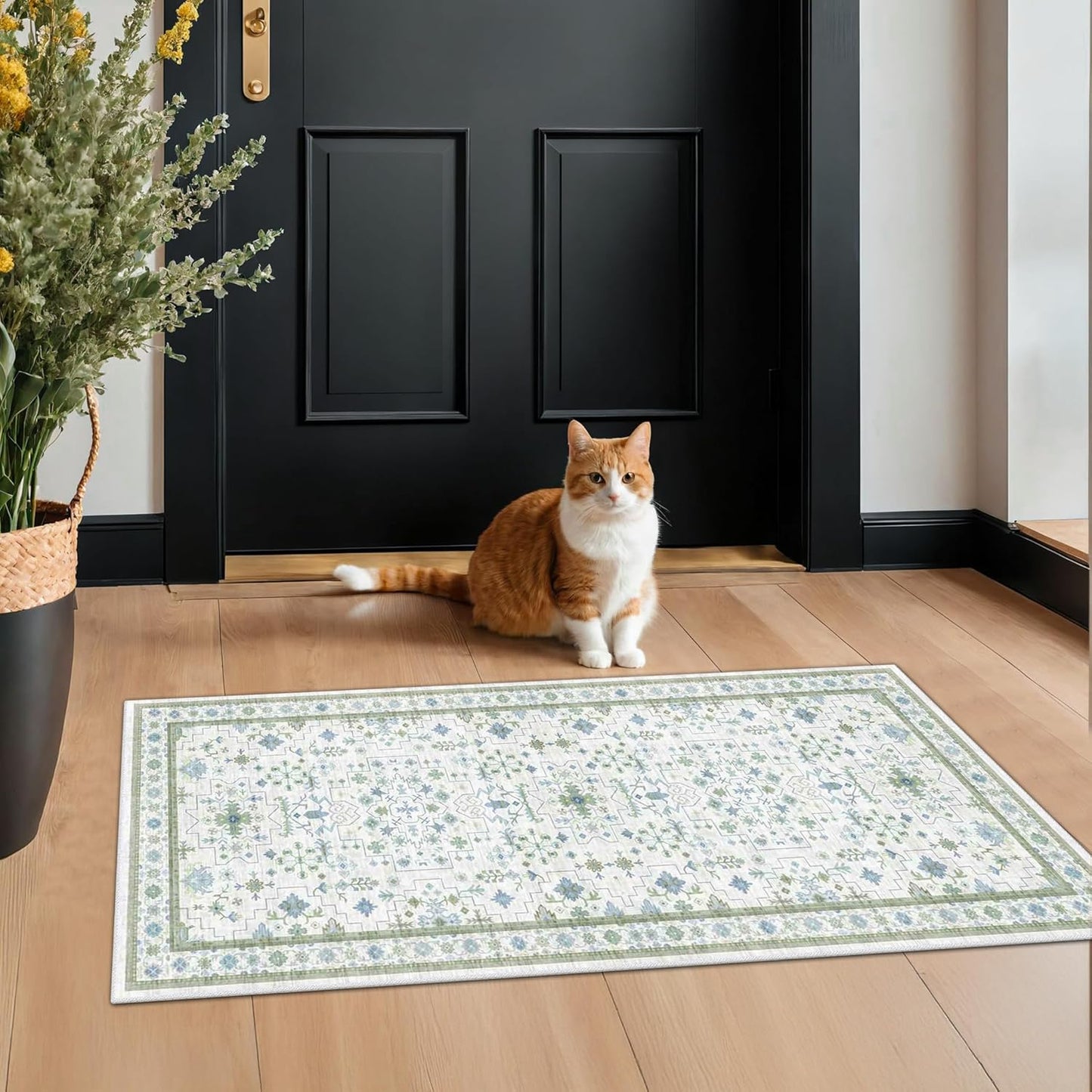 Cream Green and Blue 2x4 Boho Bathroom Rug - Oushak Floral Pastel, Washable Low Pile Non Slip with Rubber Backing Stain Resistant Entryway Rugs Indoor, Small Carpet for Kitchen, Bedroom, Laundry Room