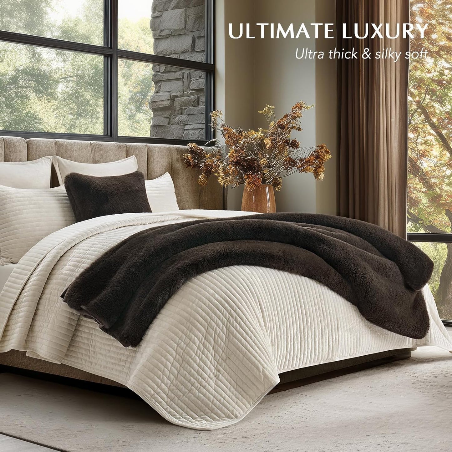 EVERGRACEHOME Luxury Soft Faux Chinchilla Fur Throw Blanket for Couch, Warm Thick Heavy Winter Throw Blanket 1220GSM for Bed, Fluffy Cozy Mink Blanket with Reversible Velvet, Espresso Mink, 60"x80"