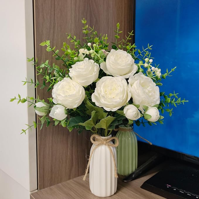 Fake Flowers in Vase, Ceramic Vase with Artificial Silk Flowers, Faux Eucalyptus Stems Flower Arrangement for Farmhouse Indoor Table Centerpiece, Bathroom Living Room Home Decor, Bedroom Decorations