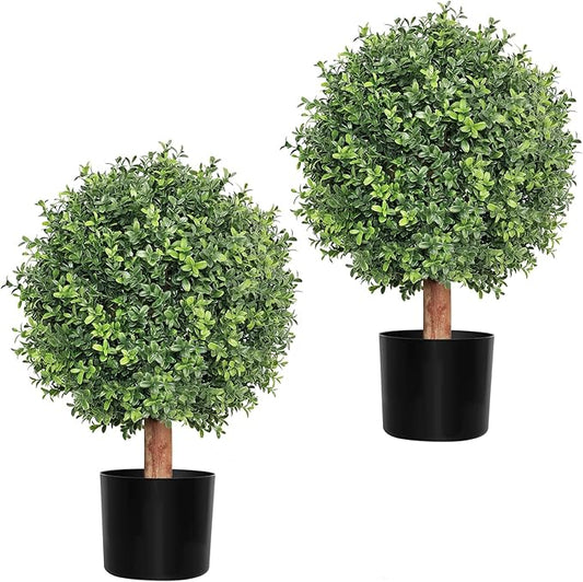 24 Inch Artificial Topiary Boxwood Ball Trees Outdoor – Set of 2 UV Resistant Faux Boxwood Topiary, Fake Potted Shrubs Evergreen for Front Door Porch Patio Balcony Home Decoration