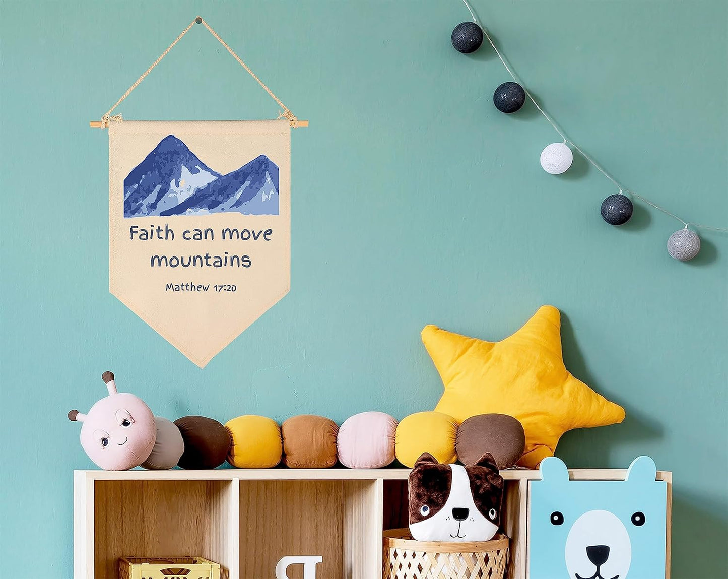 Faith can move Mountains-Kids Memory Bible Verse Banner Decor-Scripture Flag Sign Gifts for Boys Girls Baby Newborn-Banner Wall Art Gifts for Nursery Baby Room Playroom Bedroom Front Door