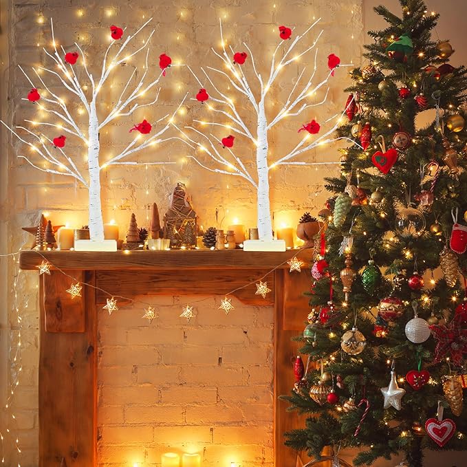 2 Pcs 2 ft Birch Tree with LED Lights for Christmas Decor Indoor with 12 Pcs Mini Cardinal Clips on Tree Ornament Lighted Birch Tree Battery Powered for Home Table Centerpiece Mantel Decor