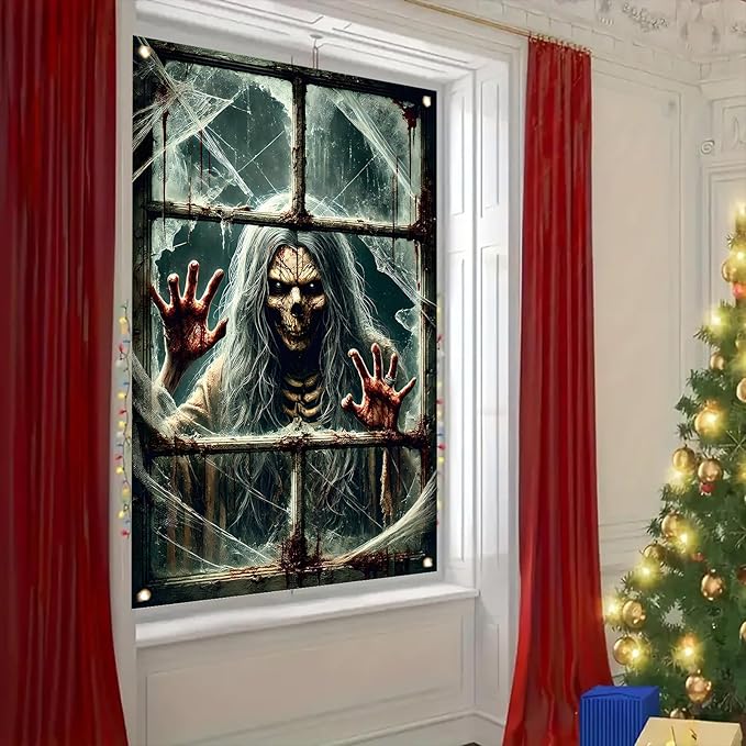 Window Cover Halloween 47x31 Inch Scary Skeleton Ghost Bloody Handprint Banner Creepy Horror Window Decoration for Haunted House Indoor Outdoor Poster Porch Decor