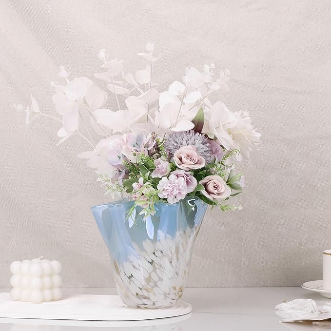 Hand Blown Glass vase, Blue Glass Art Wide Mouth vase for Home Living Room, Fireplace Decor, Table centerpieces, entryway Tables and Wedding Decor.