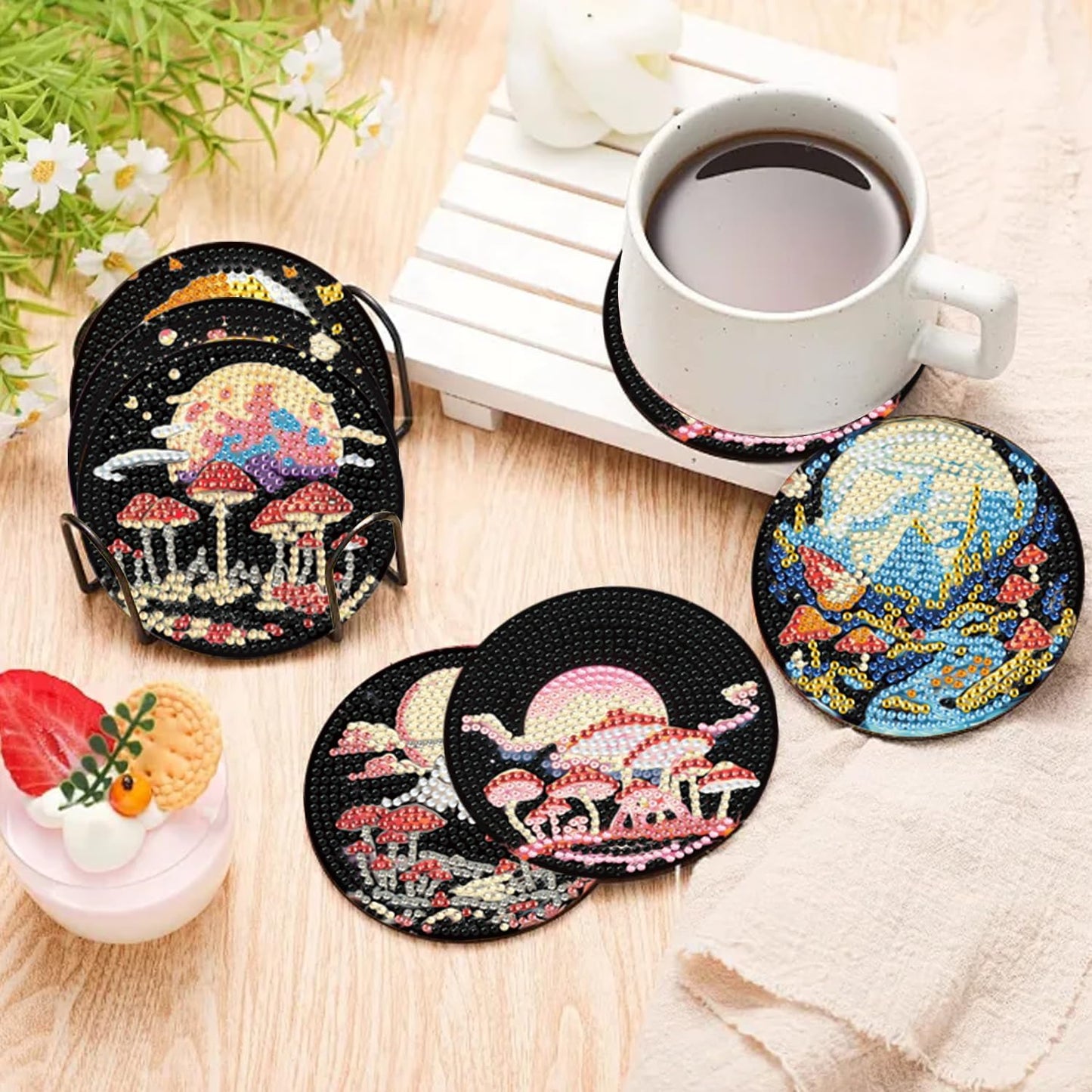 EWJRNSF 10 PCS Diamond Art Coasters Kit, Small Diamond Painting Coasters, Fall Diamond Art Kits for Adults Beginners, Arts and Crafts Supplies Item Sets with Holder Mushroom