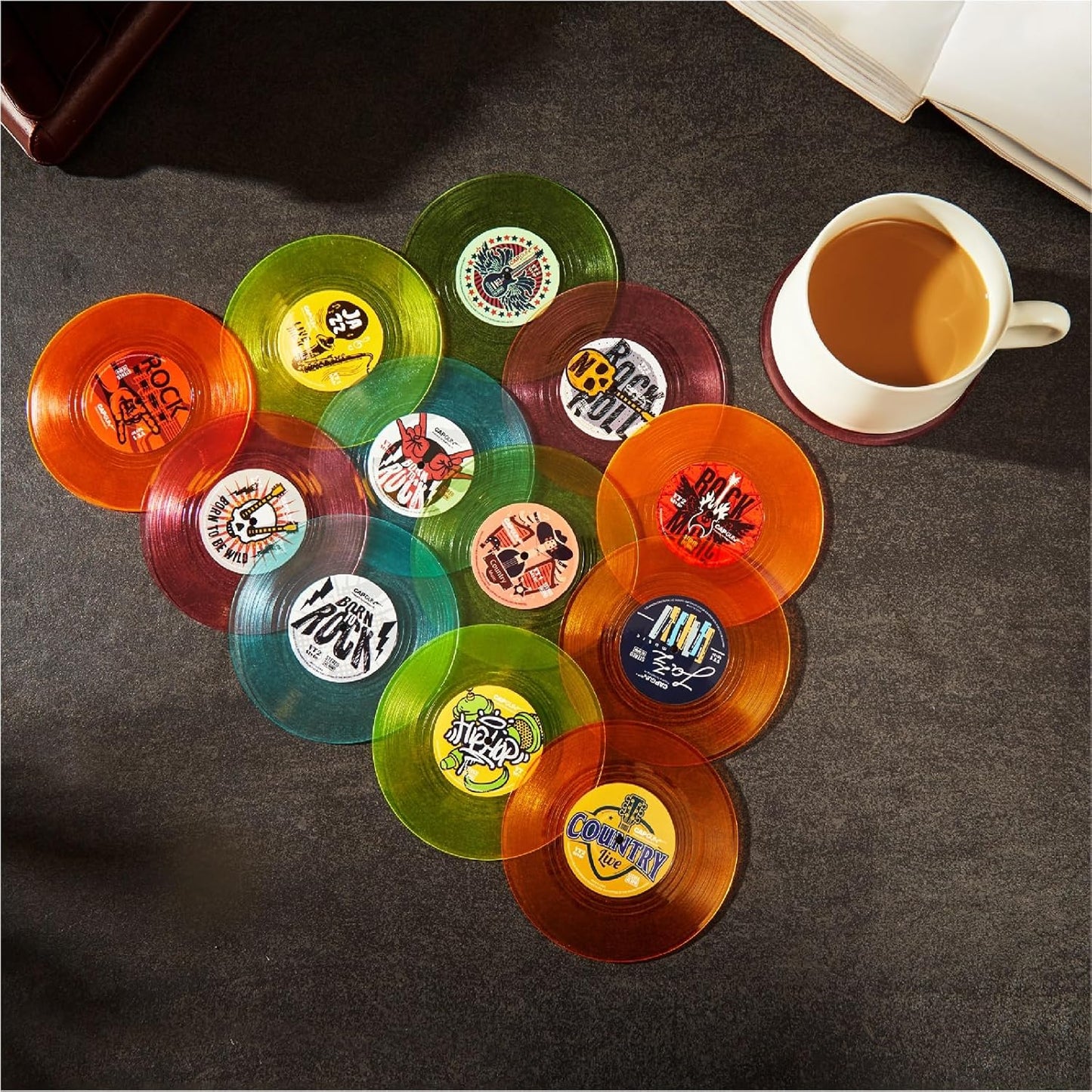 Funny Retro Vinyl Record Coasters, Creative Drink Coasters Set of 6 with Vinyl Record Player Holder for Music Lovers, Housewarming Hostess Gifts (12, V1&V4)