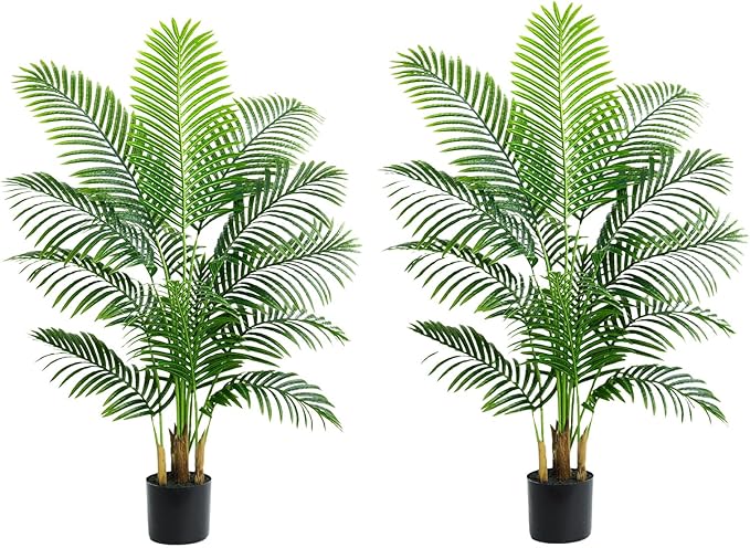 2PCS Artificial Palm Tree 4FT Artificia Plants Indoor Fake Trees Tropical Fake Plam Tree Floor Plant in Black Pot with 13 Trunks & Real Bark Design Faux Palm Plant for Outdoor Home Room Decor