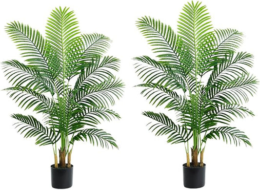2PCS Artificial Palm Tree 4FT Artificia Plants Indoor Fake Trees Tropical Fake Plam Tree Floor Plant in Black Pot with 13 Trunks & Real Bark Design Faux Palm Plant for Outdoor Home Room Decor