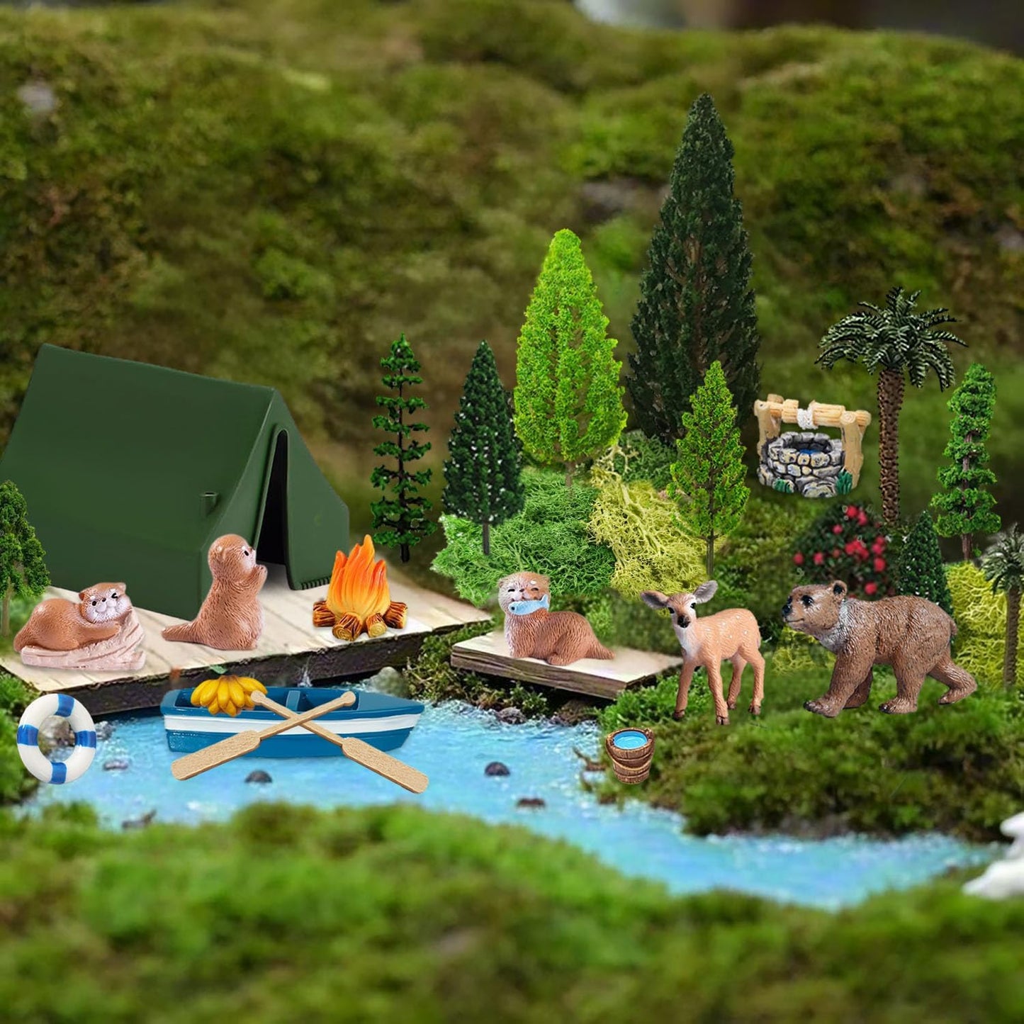 Miniature Garden Accessories, 32 Pcs, Model Scenery Kit, Forest Animal Figures with Model Trees Craft Grass for DIY Crafts, Micro Landscape Decoration