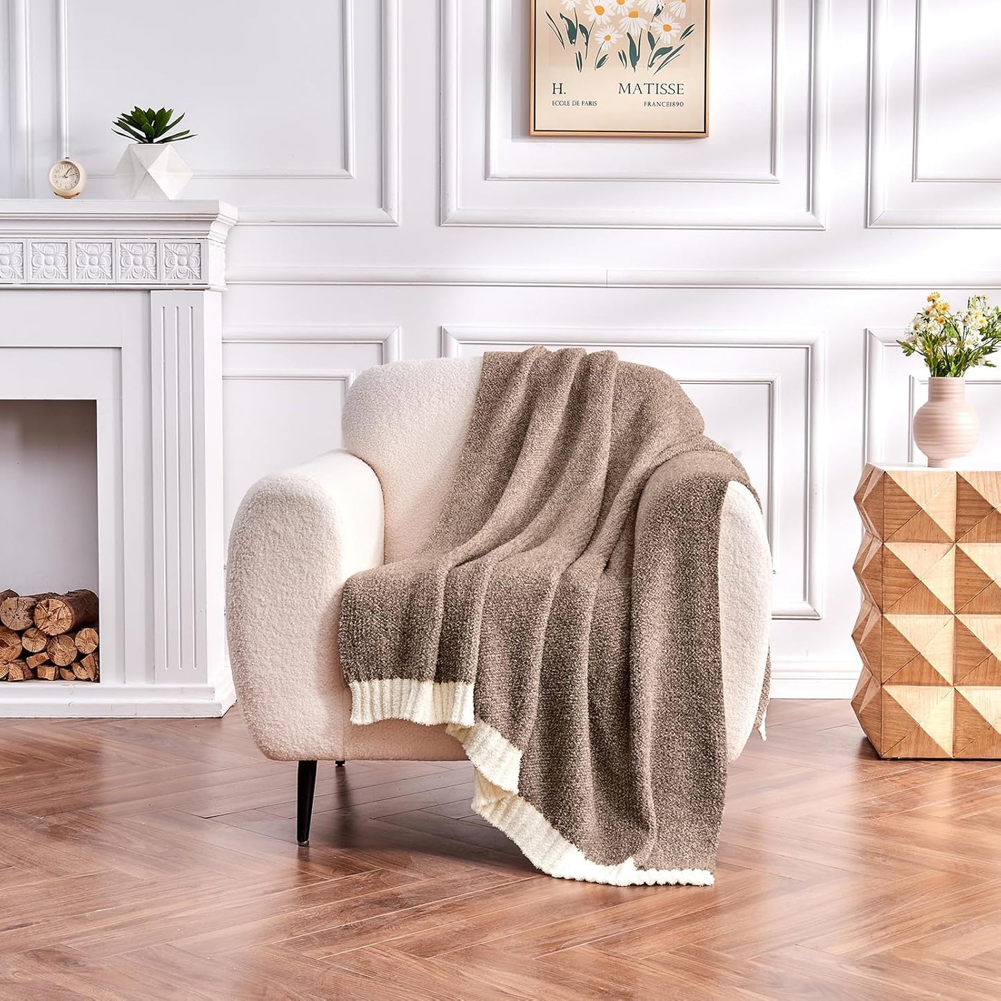 CozeCube Super Soft Fullfy Microfiber Reversible Knitted Blankets, Warm Cozy Fuzzy Plush Throw, Dark Brown and White Melange Throw Blanket for Couch Bed Sofa, 60" x 80"