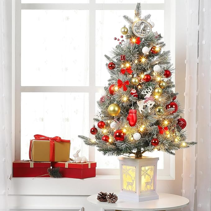 3 Ft Pre-Lit Christmas Tree, Artificial Christmas Trees with Lighting, Xmas Trees with 78 Led Lights, Christmas Decoration for Home, Office, Easy Assembly
