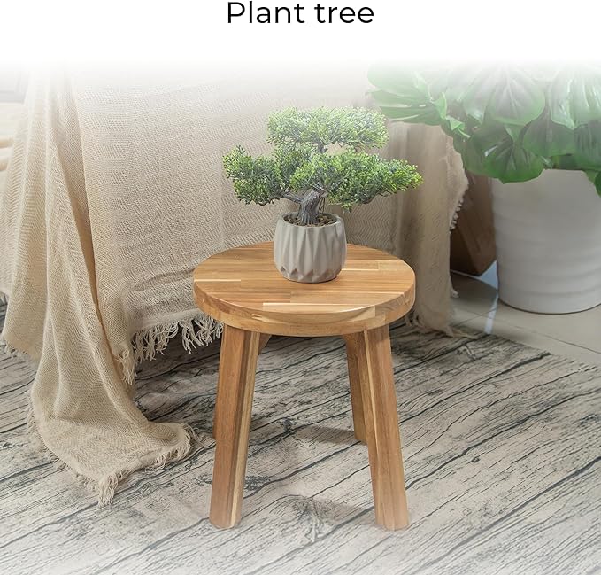 Round Stool Acacia Wood, 12" Height, 11" Round Top, Backless, Easy Assembly, Natural Wax Finish, Wooden Stool for Plant, Dining Room, Living Room, Garden, Makeup