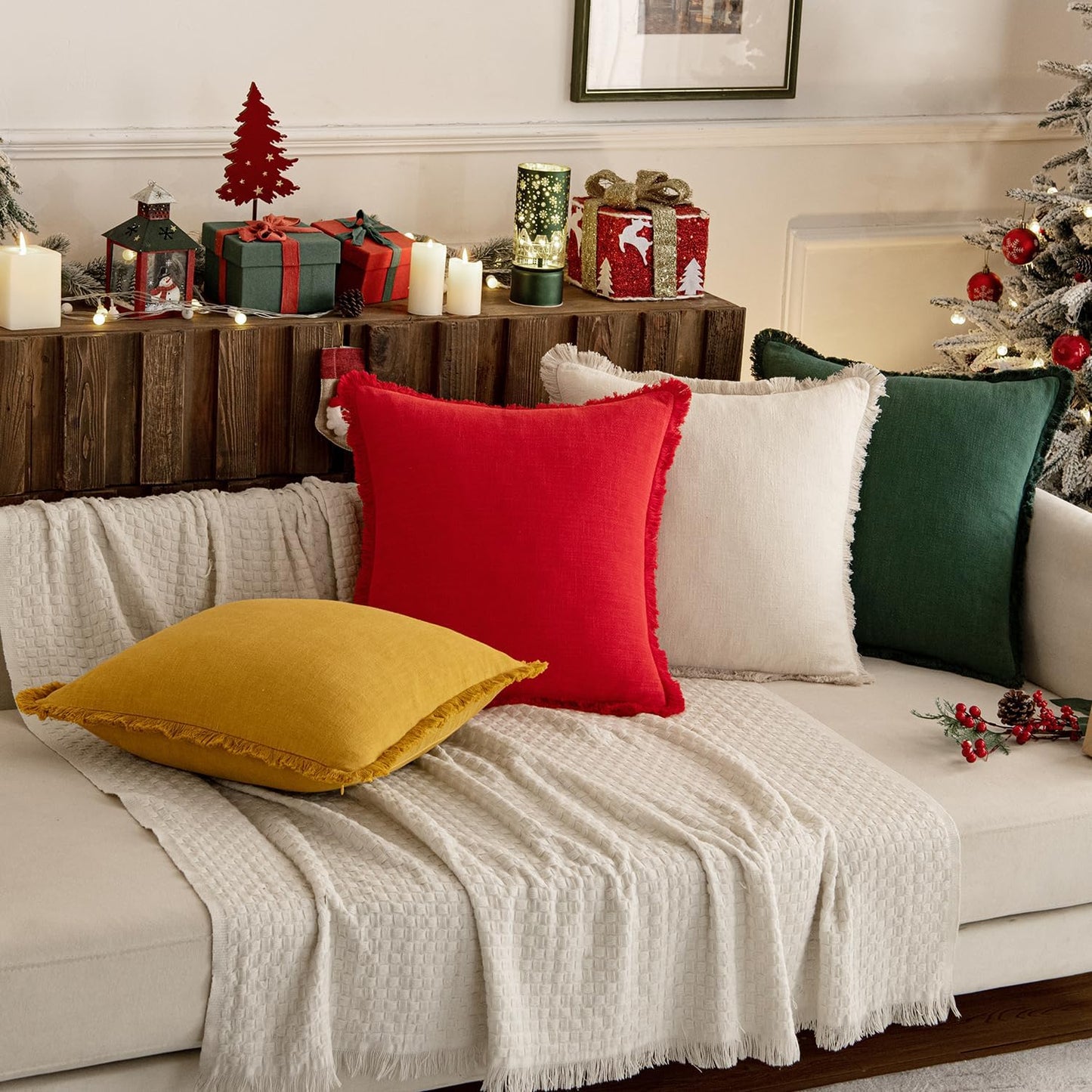 MIULEE Linen Pillow Covers 18x18 Inch Decorative Throw Pillows with Fringe Pack of 4 Soft Farmhouse Boho Couch Pillows Home Decors for Sofa Cushion Living Room Bed Dark Green and Yellow