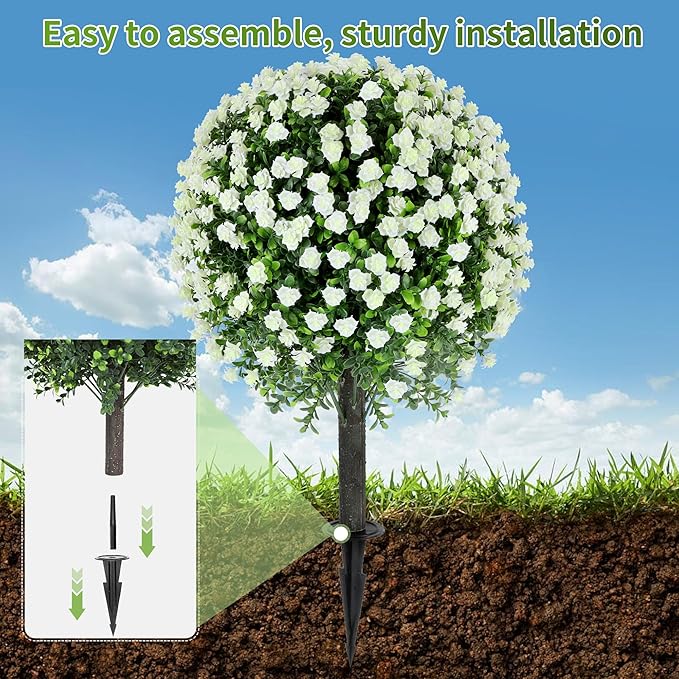 27.2" Artificial White Rose Topiary Set of 2 with Spike, Fake Plants Boxwood Ball Greenery Shrubs, Uv Resistant Push in Flowers Artificial Bushes for Outdoor Front Porch Decor Home Faux Plants Indoor