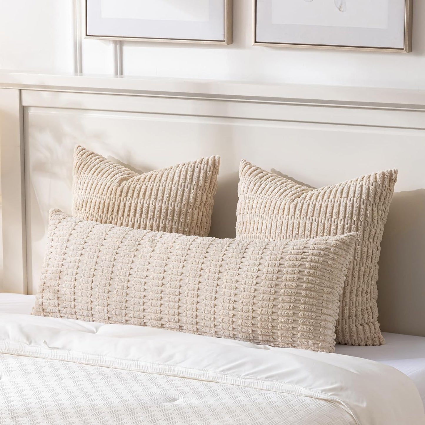 Fancy Homi Tan Long Body Lumbar Decorative Throw Pillow Cover 20x54 Inch for Bed Couch Bedroom Bench, Soft Corduroy Rectangle Solid Pillow Case 50x137 cm, Beige Rustic Farmhouse Boho Room Decor