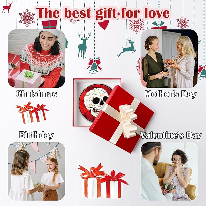 Stained Glass Window Hanging - Halloween Decoration White Skeleton Skull Suncatcher for Door Garden Spooky Red Sun Catchers Gothic Decor Horror Gifts for Women Men Friend Boy Girl 9.8 in