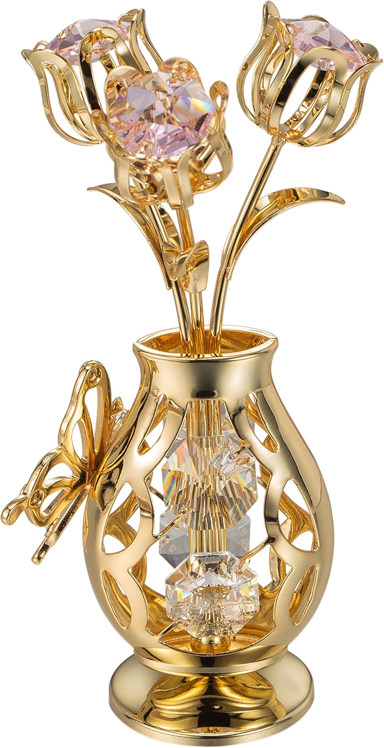 Matashi 24K Gold Plated Crystal Studded Flower Ornament in a Vase w/Decorative Butterfly (Pink Crystals) – Elegant Tabletop Showpiece, Home Decor Gift for Her, Mom, Grandma – Mothers Day, Christmas