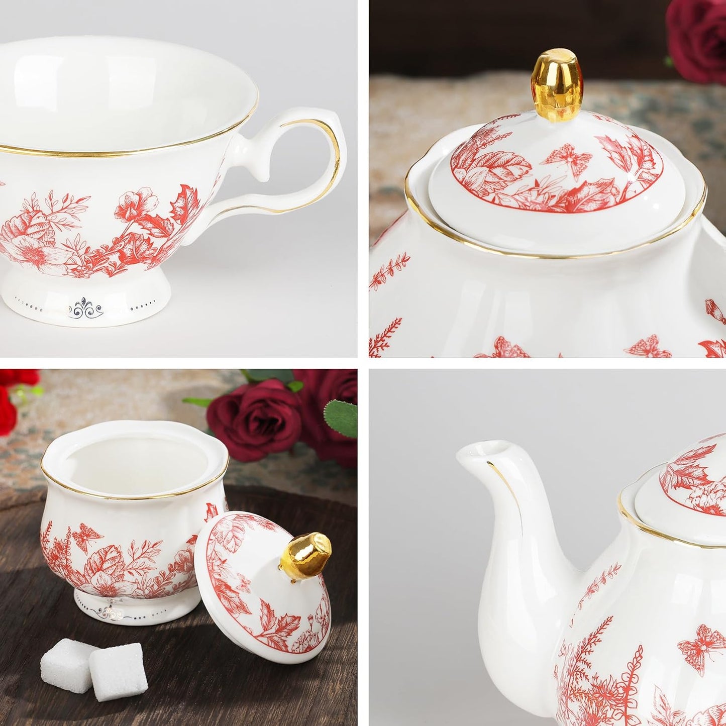 fanquare Vintage Porcelain Tea Set with Holder, 22 Piece Red Floral New Bone China Tea Coffee Gift Sets for Wedding Birthday, 6 Tea Cup and Saucers for Women Tea Party