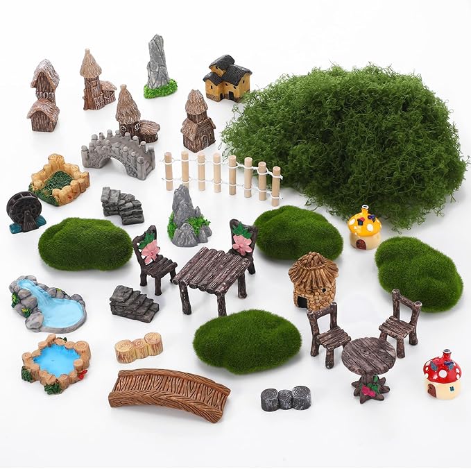 32 Pcs Fairy Garden Accessories - Miniature Garden Kit Landscape Decorations Table and Chairs Set Fairy Garden Furniture Ornaments Bridge House Moss for Terrarium Potted Plants, Dollhouse & Outdoor