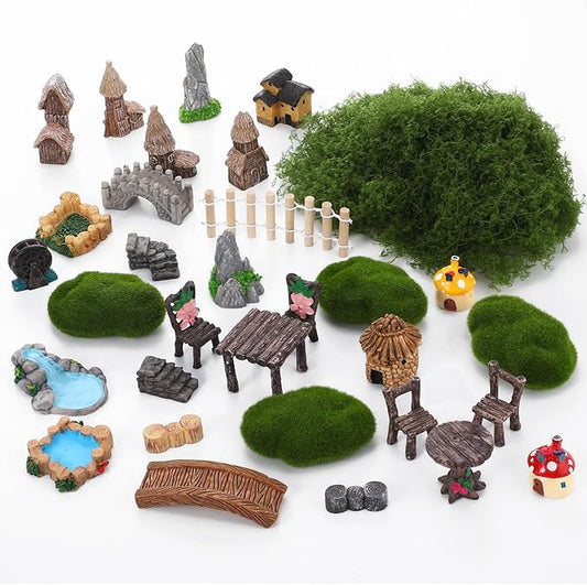 32 Pcs Fairy Garden Accessories - Miniature Garden Kit Landscape Decorations Table and Chairs Set Fairy Garden Furniture Ornaments Bridge House Moss for Terrarium Potted Plants, Dollhouse & Outdoor