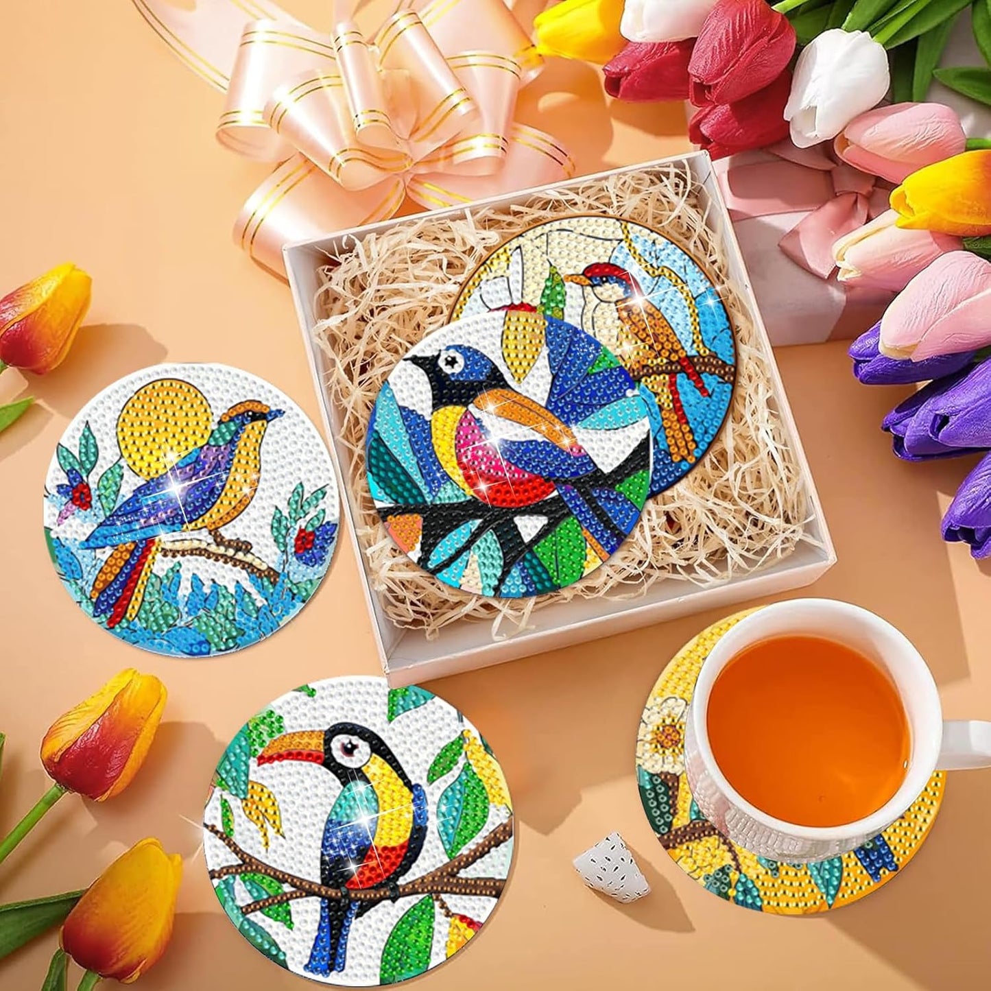 EWJRNSF 6 PCS Small Diamond Art Coasters Kits, Diamond Painting Coasters, Fall Diamond Art Kits for Adults Beginners, Arts and Crafts Item Sets with Holder for Drinks. Bird