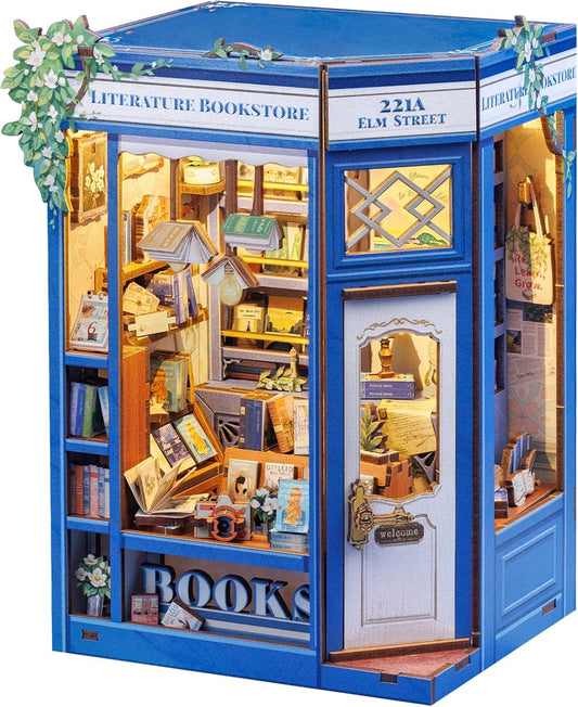 Cutefun Book Nook Kit - DIY Miniature Dollhouse Kit for Adults and Teens, Mini House Building Kit Library with LED Bookshelf Insert Decor Creative Gifts (Literature Bookstore)