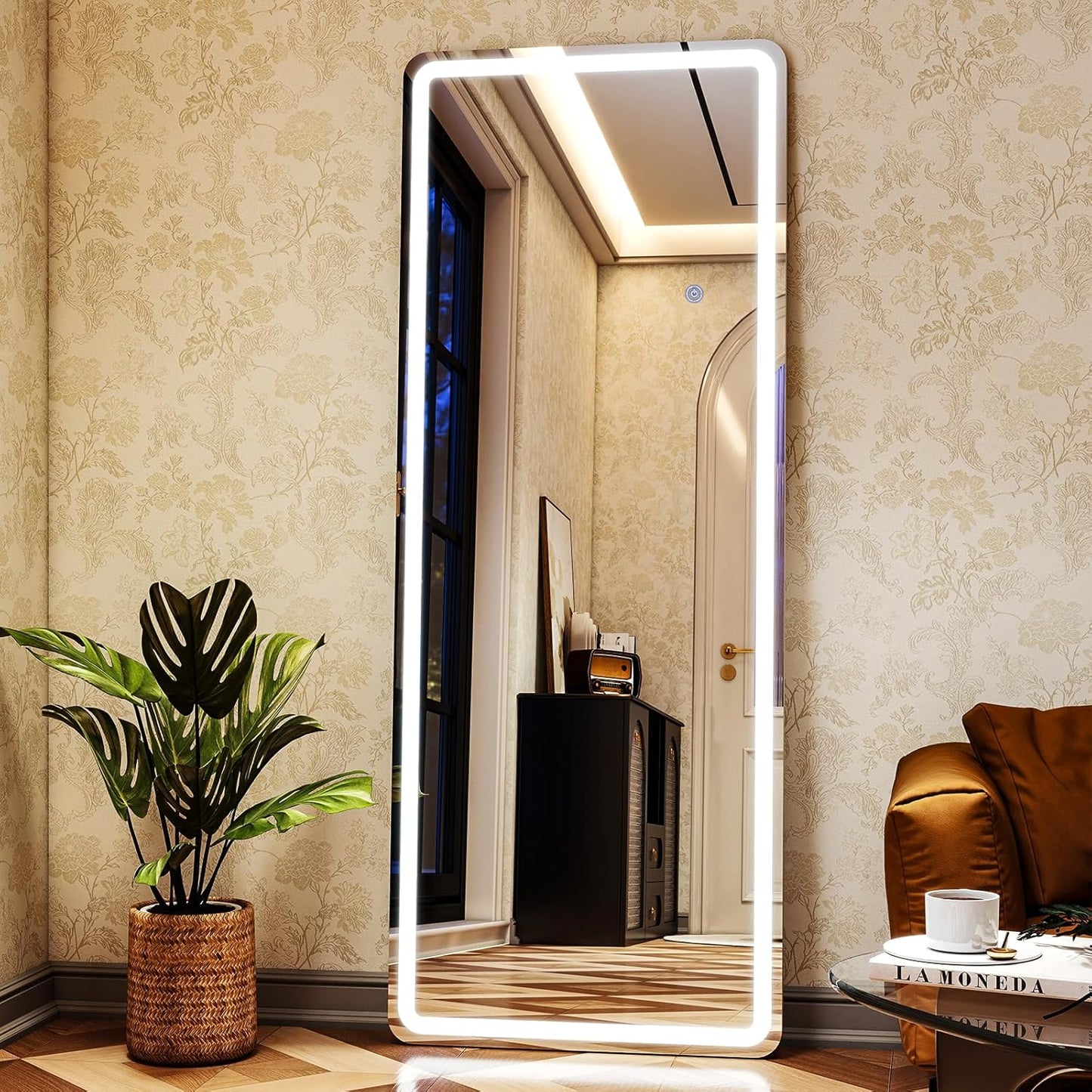 LED Rectangular Corner White Full Length Mirror - 21“ x 64” Brightness Adjustable, Touch Screen Control, Wall Mounted or Freestanding, for Bedroom Living Room Cloakroom Dressing Mirror
