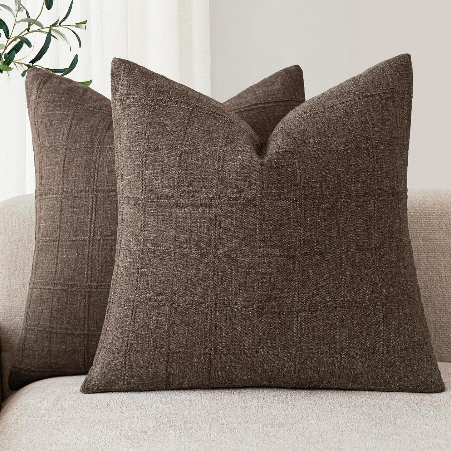Foindtower Set of 2 Decorative Linen Check Throw Pillow Covers Neutral Farmhouse Vintage Cushion Covers Modern Boho Home Decor for Sofa Chair Couch Bedroom Living Room,24×24 Inch,Dark Brown