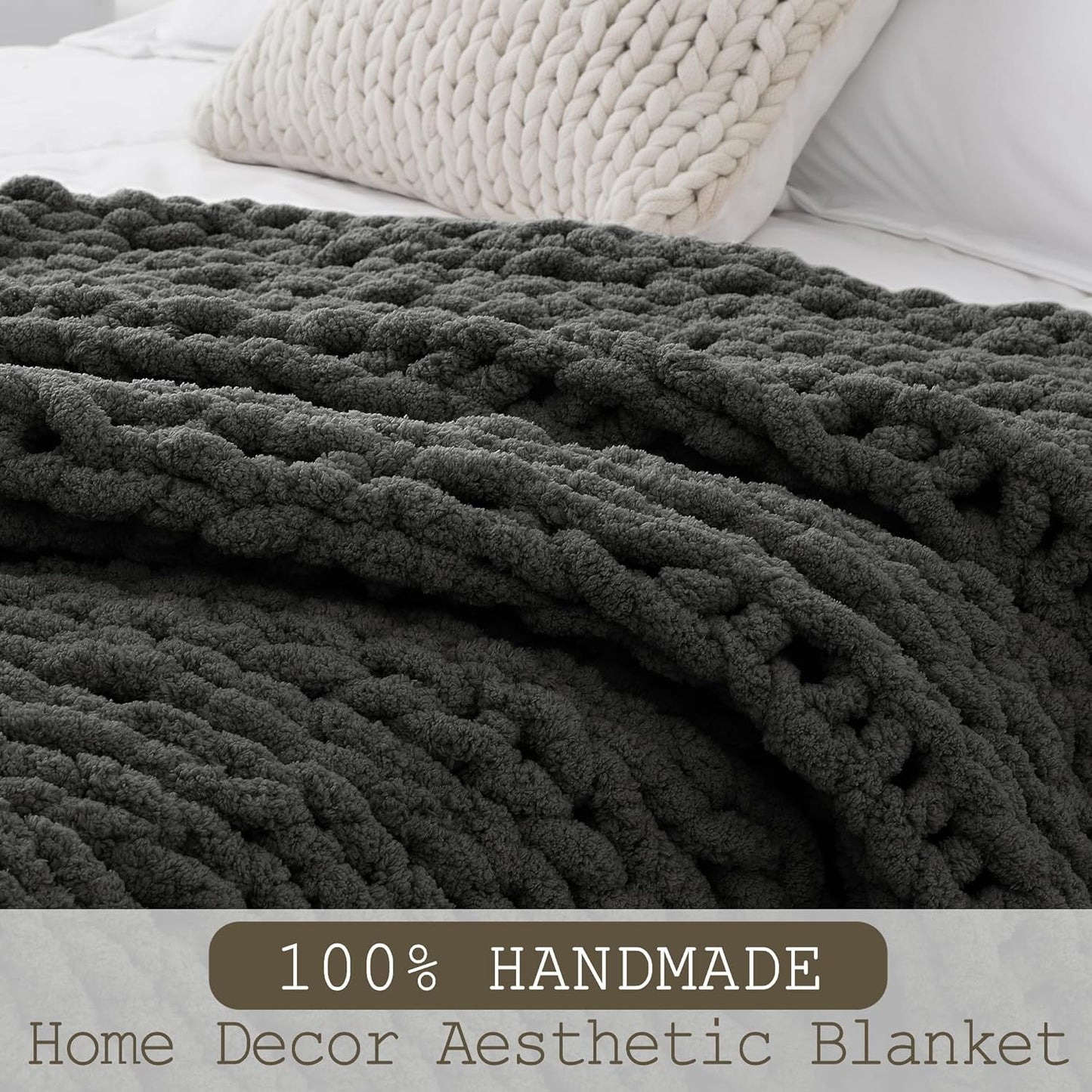Chunky Knit Throw Blanket 60"X 80", 100% Handmade with Soft Chenille Yarn, 6.7lbs Thick Cable Knitted Blankets, Large Rope Knot Crochet Throws for Couch Sofa Bed Home Decor, Dark Grey