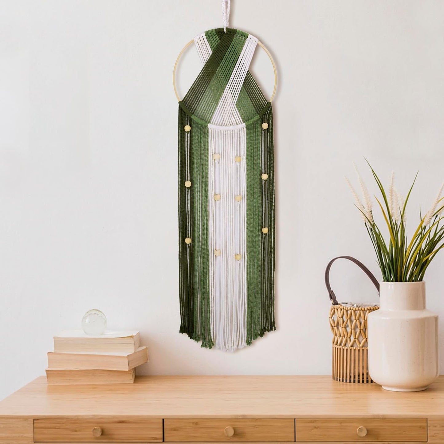 LB Boho Macrame Wall Hanging - Green and Beige Handmade Cotton Woven Decor, Modern Geometric Bohemian Tapestry Wall Decor for Bedroom Living Room Home (31.5"x9.84") Nature-Inspired Room Decor