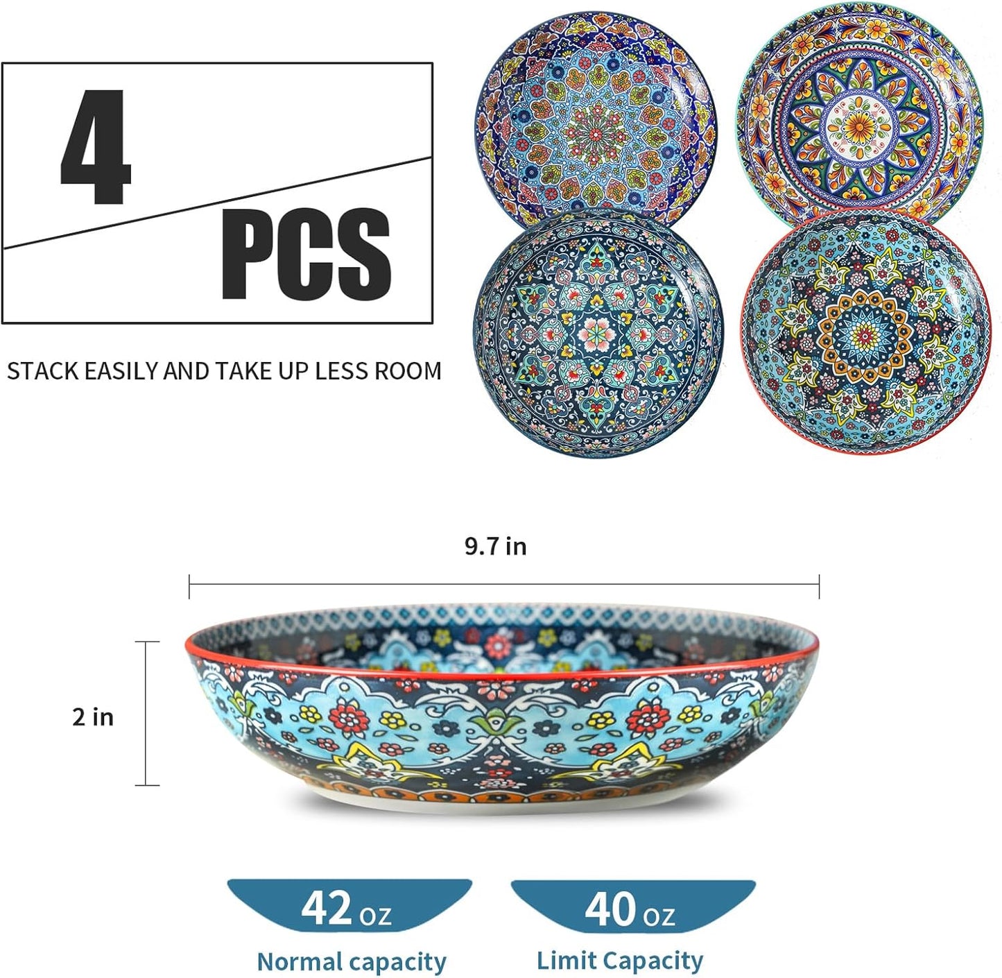glowworm Pasta Bowls Set of 4, 42 oz Ceramic Salad Bowls for Kitchen, Large Serving Bowls for Ramen, Fruit, Housewarming Gift, Dishwasher & Microwave Safe, Bohemian