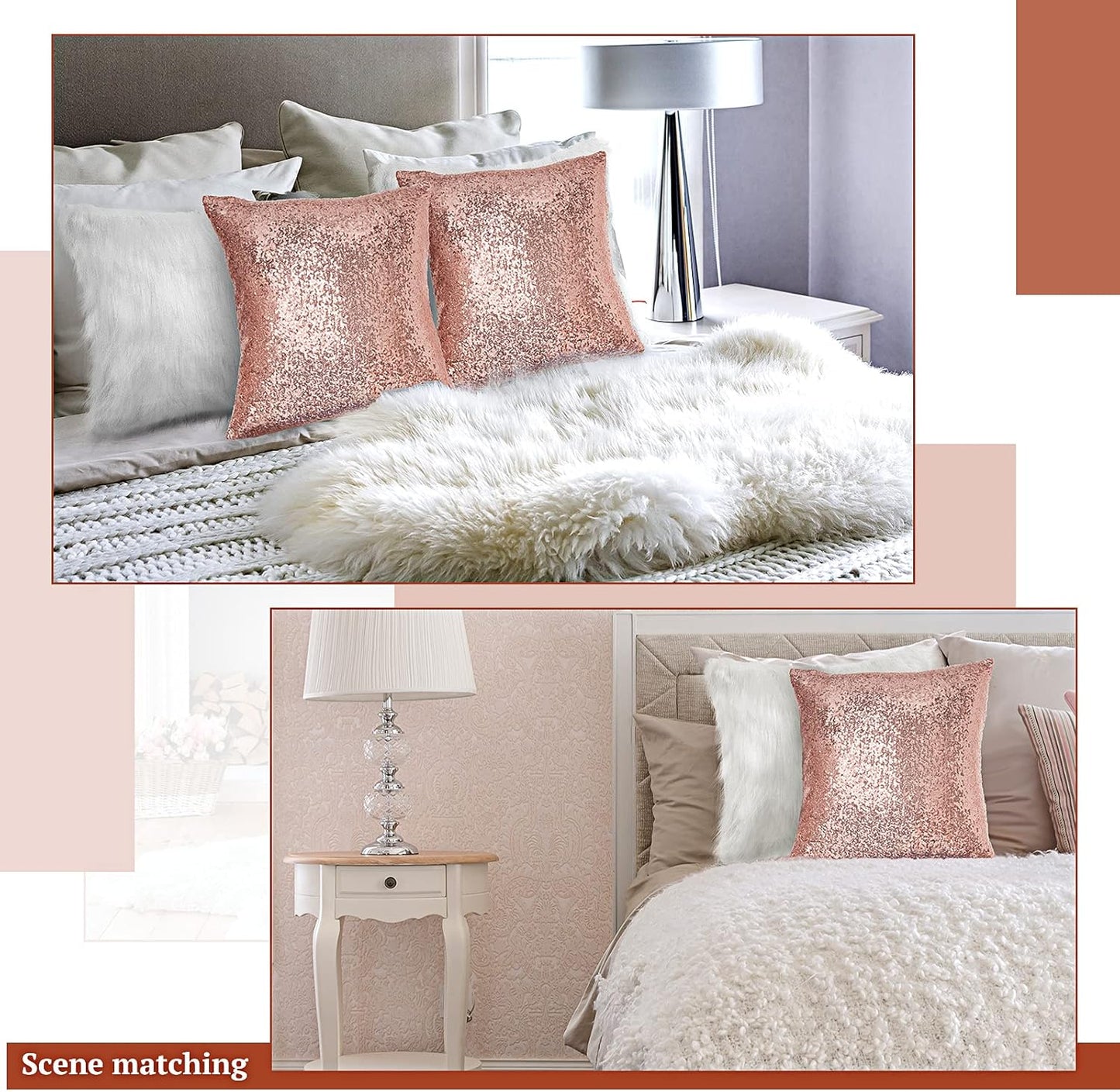 Irenare 4 Pcs Sequin and Fluffy Pillow Covers Winter Throw Pillow Cases Soft Cushion Cover for Couch Bed Sofa Xmas Day (White, Rose Gold,18 x 18 Inch)