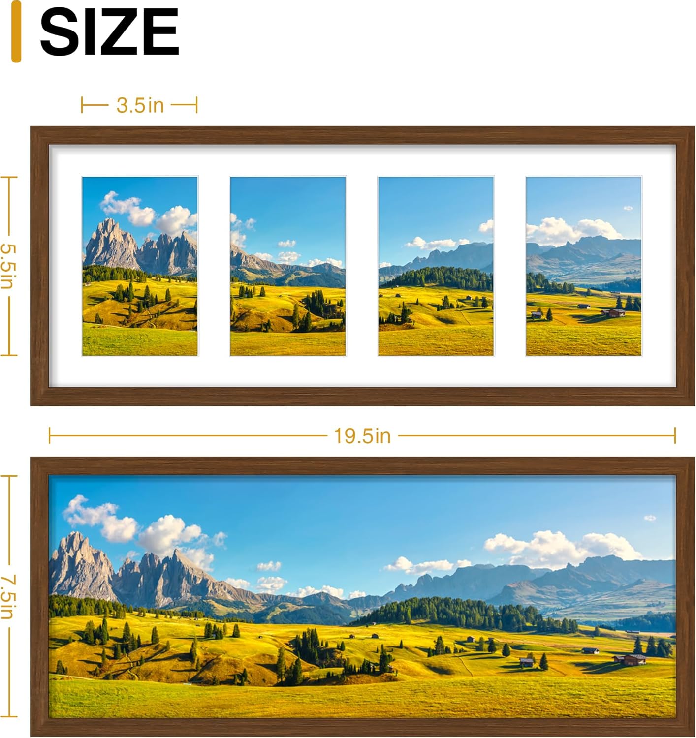 decorUhome 8x20 Picture Frames Collage Wall Decor, Display 4Pcs 4x6 Photos with Mat or 1Pcs 8x20 Unmatted, 4 4x6 Collage Picture Frames for Wall Mounting, Brown