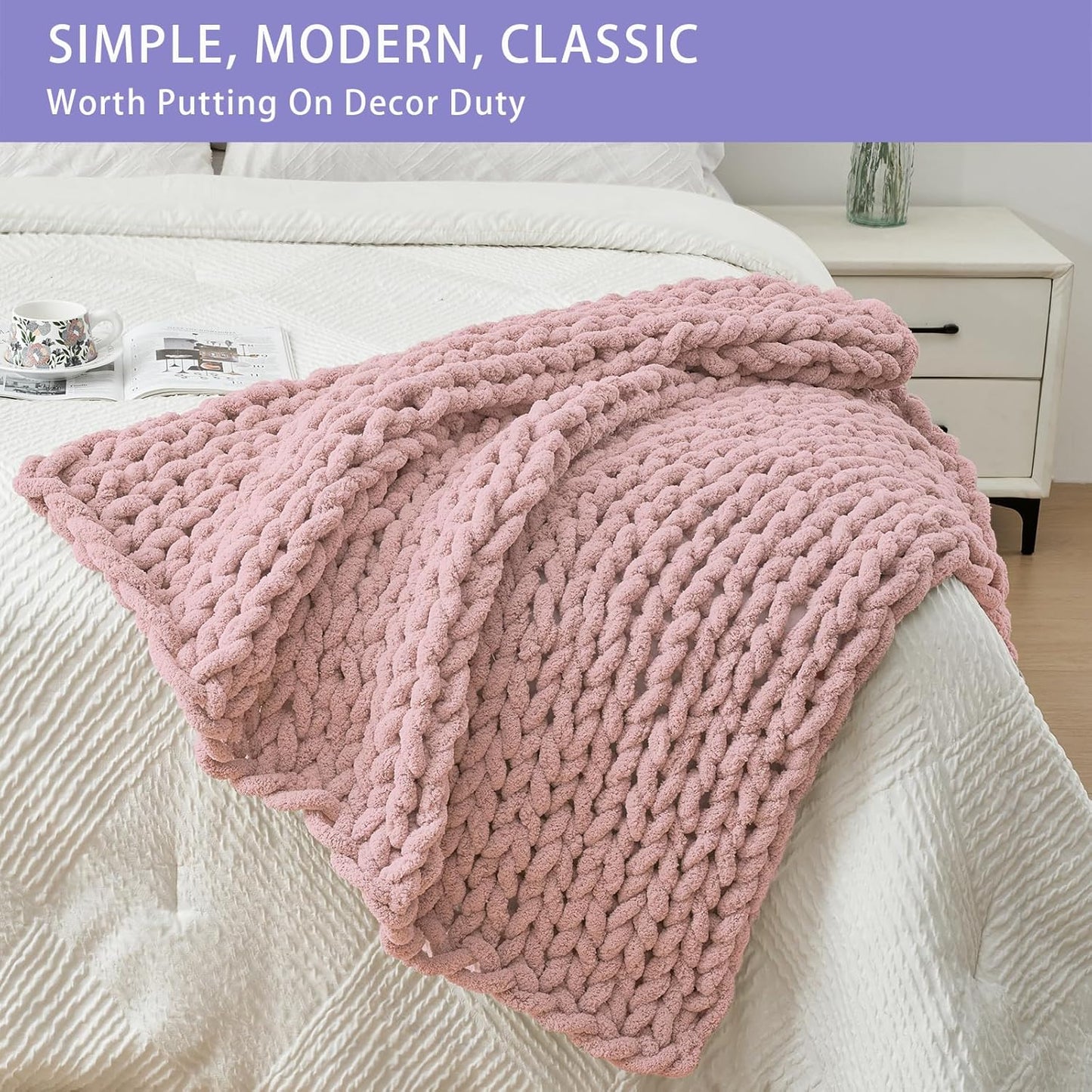 Bigacogo Chunky Knit Throw Blanket for Couch, 40x40 inches, 100% Hand Knitted with Thick Jumbo Chenille Yarn, Cozy Soft Large Rope Knot Cable Crochet Blankets for Sofa Bed Living Room, Dusty Pink