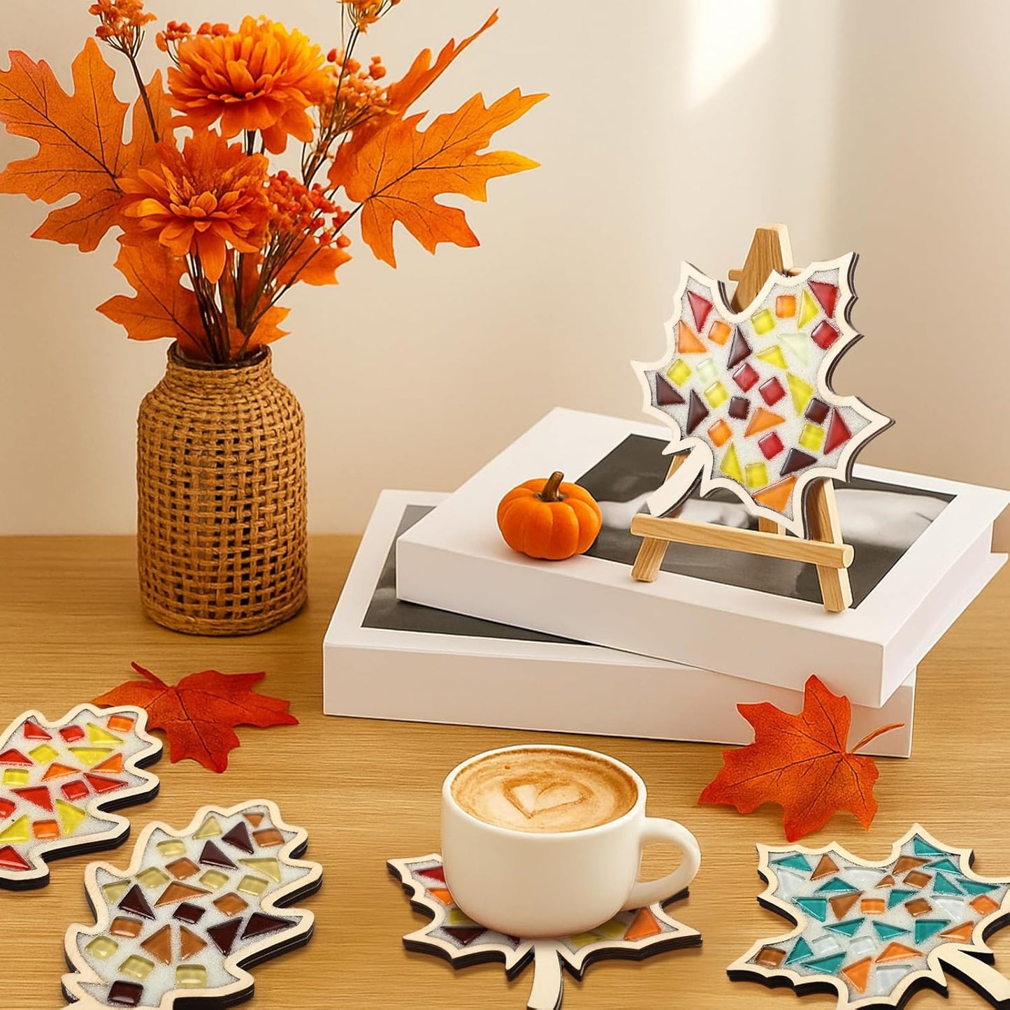 Honeydak 6 Sets DIY Glass Mosaic Tiles with 6 Wooden Coasters Making Mosaic Crafts Material Package Mixed Stained Glass for Handmade Colorful Home Decor Gift Indoor(Maple Leaf,Autumnal Color)