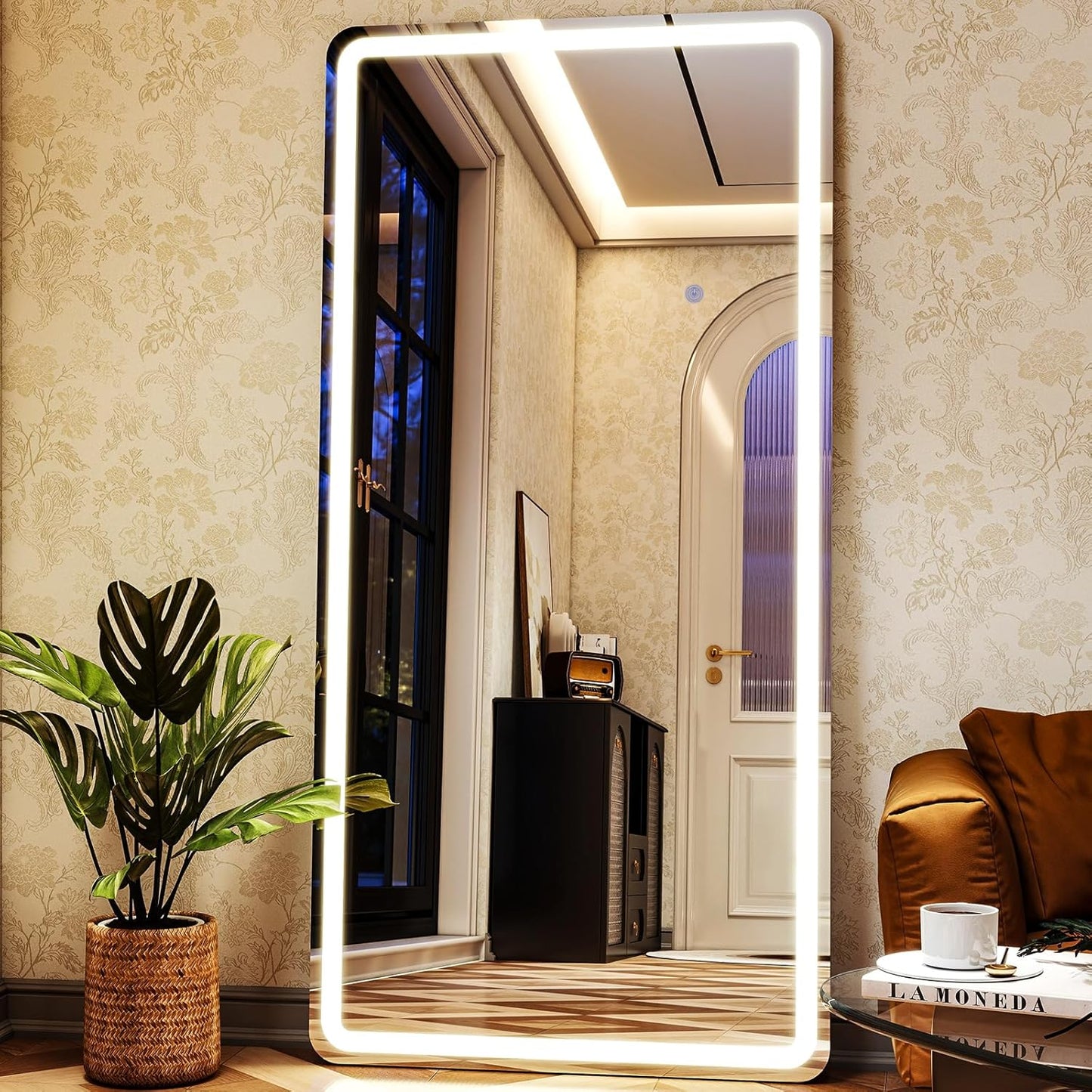 LED Rectangular Corner White Full Length Mirror - 30“ x 71” Brightness Adjustable, Touch Screen Control, Wall Mounted or Freestanding, for Bedroom Living Room Cloakroom Dressing Mirror