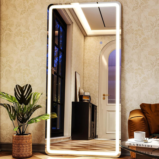 LED Rectangular Corner White Full Length Mirror - 30“ x 71” Brightness Adjustable, Touch Screen Control, Wall Mounted or Freestanding, for Bedroom Living Room Cloakroom Dressing Mirror