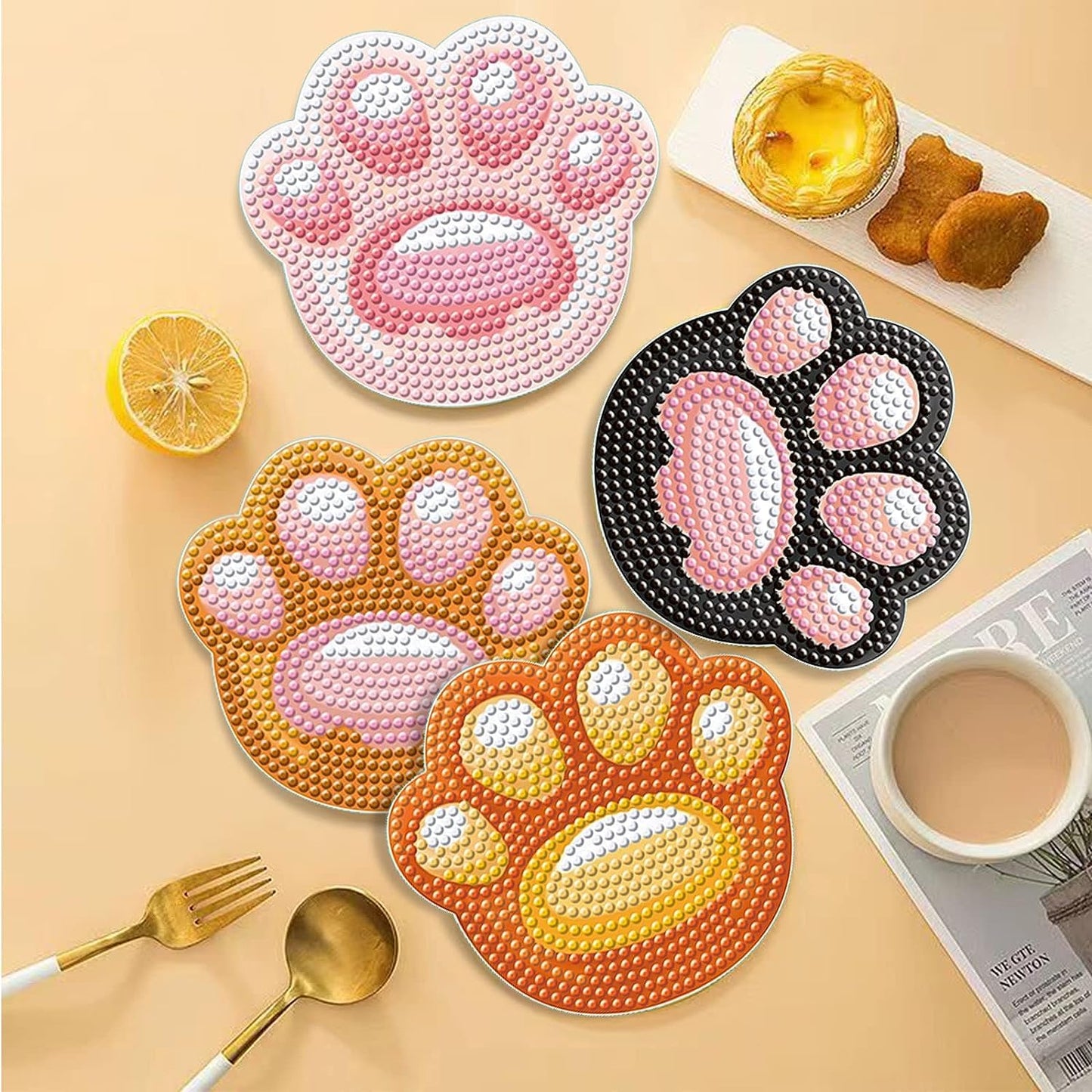 DOZEEZOP 6 PCS Diamond Art Coasters Kit, Diamond Painting Coasters, Fall Diamond Art Kits for Adults Beginners, Arts and Crafts Supplies Party Item Sets Not with Holder Cat's Paw