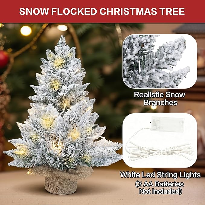 2ft Pre-Lit Artificial Mini Christmas Tree,24 Inch Snowy Flocked Small Tabletop Christmas Tree with LED Light,White Xmas Pine Tree for Home Desk Indoor Decor, Perfect with Burlap Base