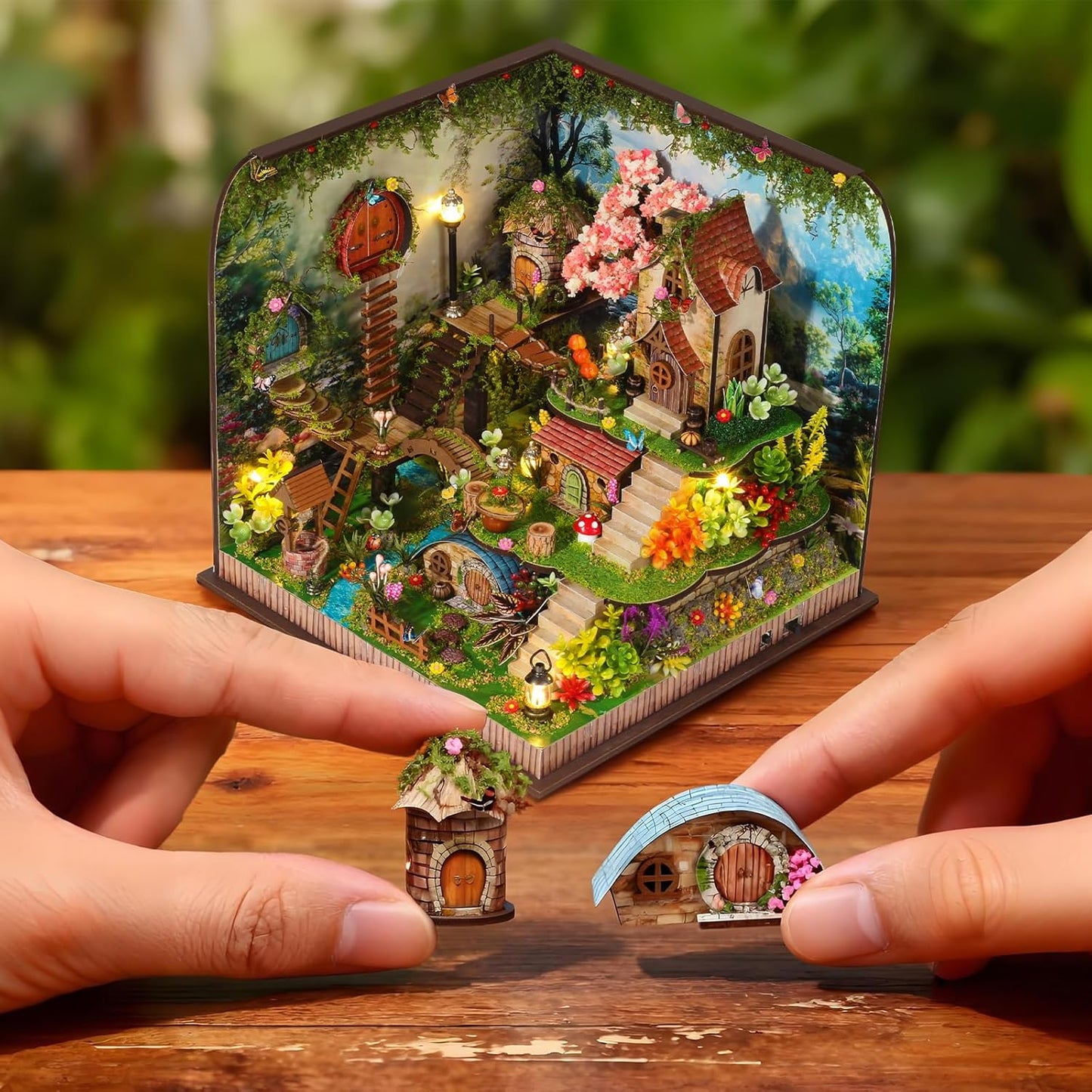 DIY Miniature House Kit, Forest Book Nook Kit with Music, 3D Wooden Puzzles for Adults, Dollhouse Kit with LED Light, Mini Building Kit, Craft Kit for Adults Teen to Build (Forest Garden)