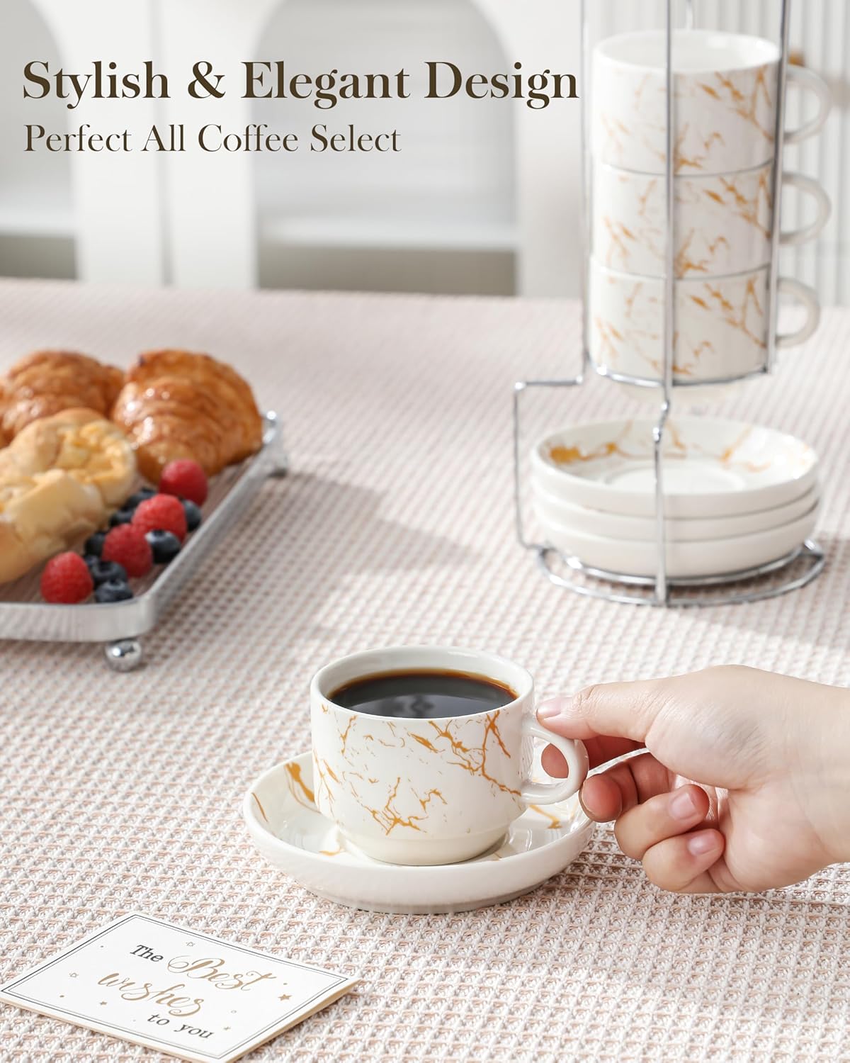 MALACASA 4 OZ Porcelain Espresso Cups with Saucers and Metal Stand Set of 4, Stackable Cappuccino Cups, Marble White Expresso Shots Cup Set for Coffee Drinks, Latte, Tea