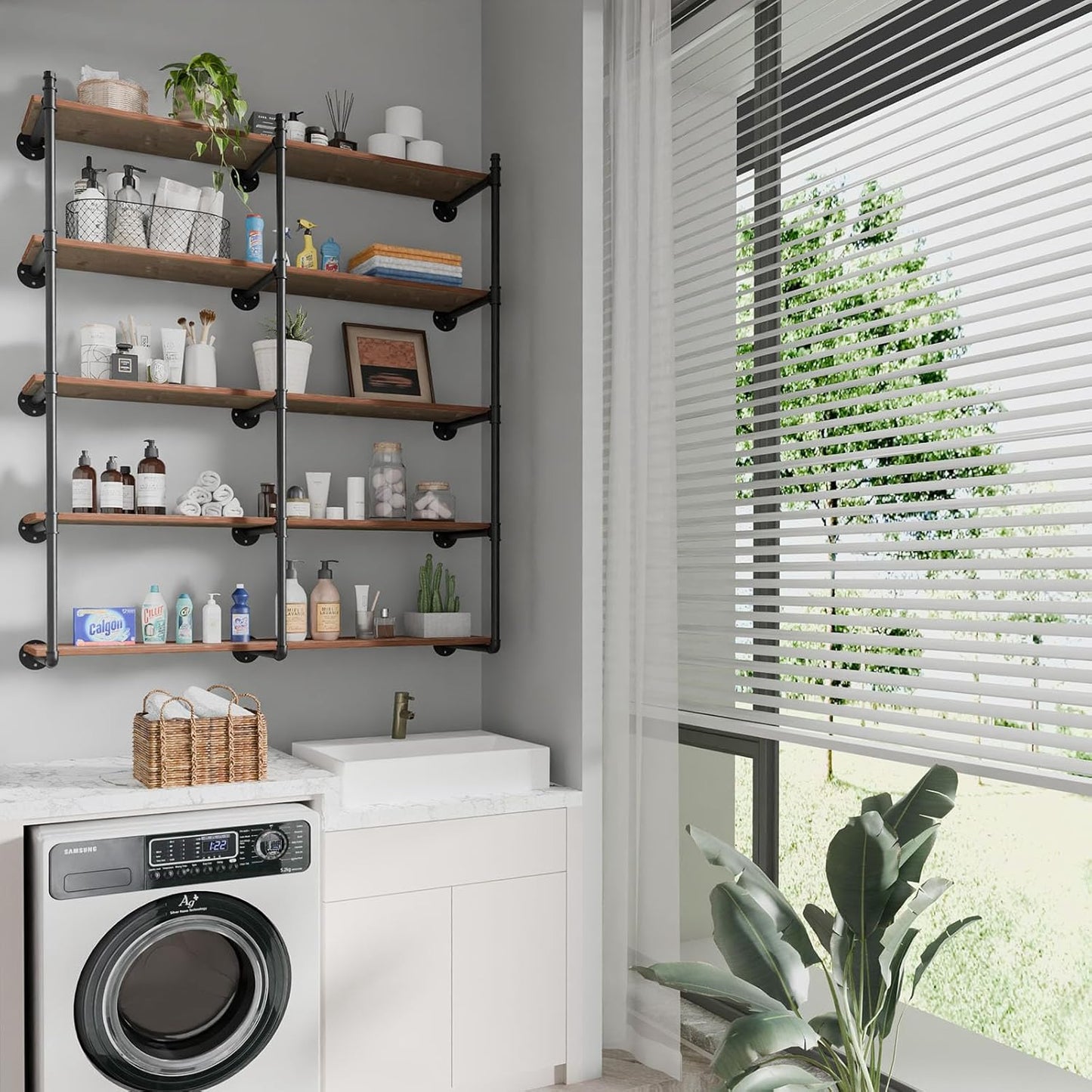 Industrial Pipe Shelf Brackets Wall Mount, Open Black Pipe Shelving for Kitchen,Floating Shelf Brackets Mount,Open Bookshelf Brackets for Shelves,Wall Shelves 12 Inch Deep,(2PcsX3Tier,61" Tall)