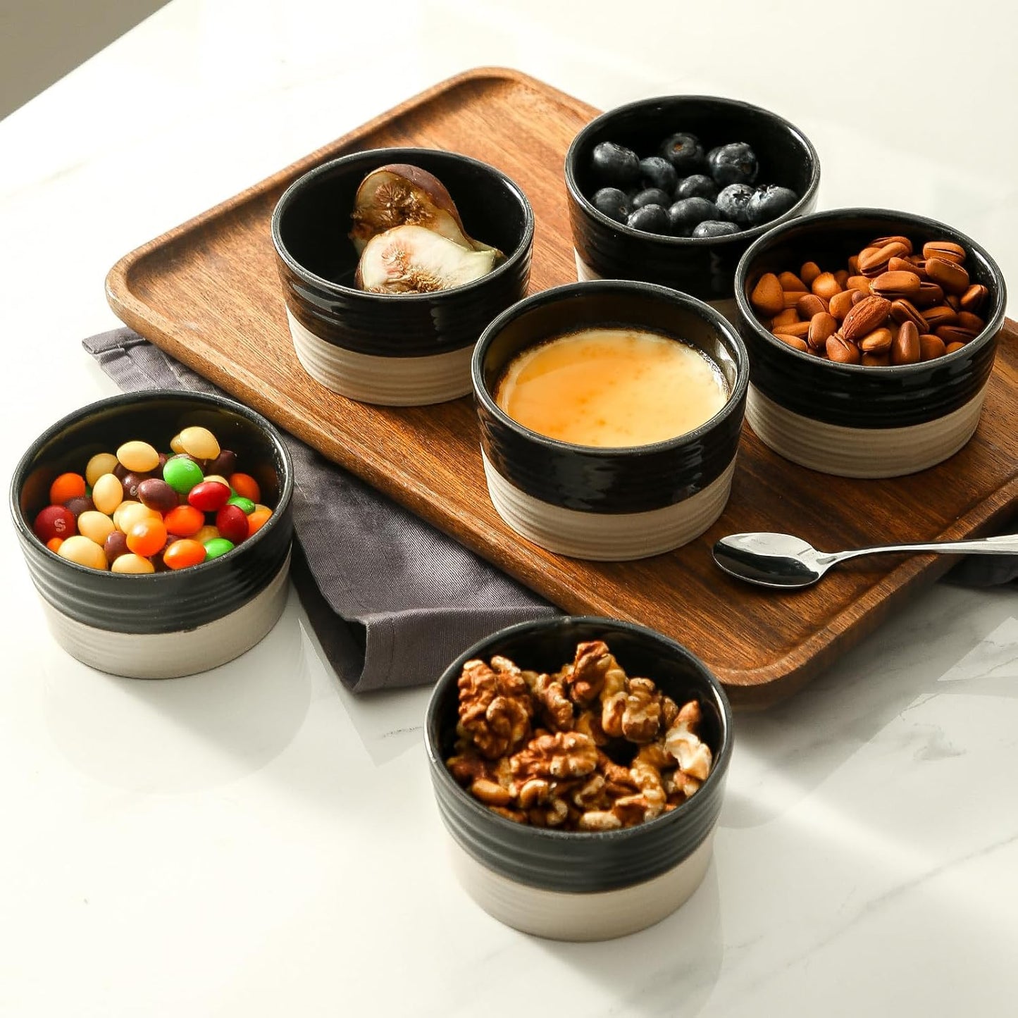 Hasense Ceramic Ramekins 6 oz, Small Ramekins for Creme Brulee Souffle Dishes, Mini Baking Cups Oven Safe for Personal Pudding, Custard, Ice Cream, Dipping, Set of 6, Black